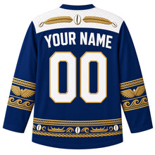 Load image into Gallery viewer, Kiribati Original Hockey Jersey in Lagoon Blue, back view with your name and number – detailed pandanus-weave yoke and matching ornate bands