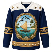 Load image into Gallery viewer, Kiribati Original Hockey Jersey in Lagoon Blue, front view – ornate te waa canoe and frigatebird crest and pandanus-weave yoke with finely detailed artwork, custom name and number
