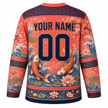Load image into Gallery viewer, Koi and Lotus Original Hockey Jersey in Sunset Coral, back view with your name and number – wave-scale yoke and lotus-petal sleeve stripes