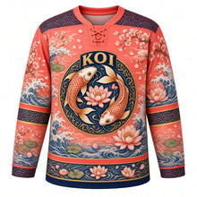 Load image into Gallery viewer, Koi and Lotus Original Hockey Jersey in Sunset Coral, front view – swirling koi fish with lotus flowers and wave crest, custom name and number