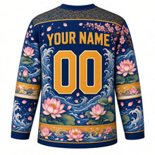 Load image into Gallery viewer, Koi and Lotus Original Hockey Jersey in Indigo Ink, back view with your name and number – wave-scale yoke and lotus-petal sleeve stripes