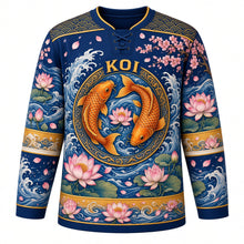 Load image into Gallery viewer, Koi and Lotus Original Hockey Jersey in Indigo Ink, front view – swirling koi fish with lotus flowers and wave crest, custom name and number