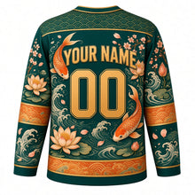 Load image into Gallery viewer, Koi and Lotus Original Hockey Jersey in Jade Pond, back view with your name and number – wave-scale yoke and lotus-petal sleeve stripes