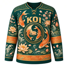 Load image into Gallery viewer, Koi and Lotus Original Hockey Jersey in Jade Pond, front view – swirling koi fish with lotus flowers and wave crest, custom name and number