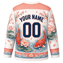 Load image into Gallery viewer, Koi and Lotus Original Hockey Jersey in Pearl White, back view with your name and number – wave-scale yoke and lotus-petal sleeve stripes