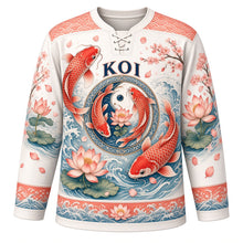 Load image into Gallery viewer, Koi and Lotus Original Hockey Jersey in Pearl White, front view – swirling koi fish with lotus flowers and wave crest, custom name and number