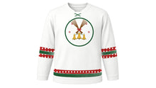 Load image into Gallery viewer, Krampusnacht Original Hockey Jersey in Snow White, front view – custom name and number