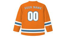 Load image into Gallery viewer, Kumbh Mela Original Hockey Jersey in Saffron, back view with your name and number