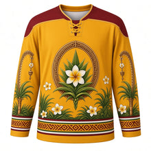 Load image into Gallery viewer, Kuningan Original Hockey Jersey in Turmeric Yellow, front view with themed artwork and clean crest