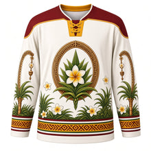 Load image into Gallery viewer, Kuningan Original Hockey Jersey in Frangipani White, front view with themed artwork and clean crest
