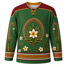 Load image into Gallery viewer, Kuningan Original Hockey Jersey in Palm Green, front view with themed artwork and clean crest