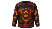 Load image into Gallery viewer, Kurama Fire Festival Original Hockey Jersey in Charcoal, front view with detailed full-body artwork and ornate crest