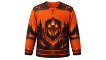 Load image into Gallery viewer, Kurama Fire Festival Original Hockey Jersey in Ember Orange, front view with detailed full-body artwork and ornate crest