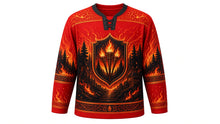 Load image into Gallery viewer, Kurama Fire Festival Original Hockey Jersey in Flame Red, front view with detailed full-body artwork and ornate crest