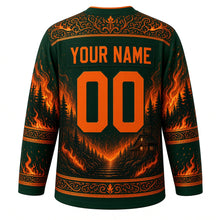 Load image into Gallery viewer, Kurama Fire Festival Original Hockey Jersey in Cedar Green, back view with custom YOUR NAME and 00