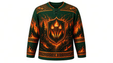 Load image into Gallery viewer, Kurama Fire Festival Original Hockey Jersey in Cedar Green, front view with detailed full-body artwork and ornate crest