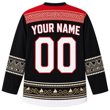 Load image into Gallery viewer, Kuwait Original Hockey Jersey in Desert Night, back view with your name and number – detailed Al Sadu weave yoke and matching ornate bands