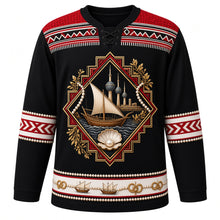Load image into Gallery viewer, Kuwait Original Hockey Jersey in Desert Night, front view – ornate pearling dhow and Kuwait Towers crest and Al Sadu weave yoke with finely detailed artwork, custom name and number