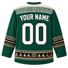 Load image into Gallery viewer, Kuwait Original Hockey Jersey in Gulf Green, back view with your name and number – detailed Al Sadu weave yoke and matching ornate bands