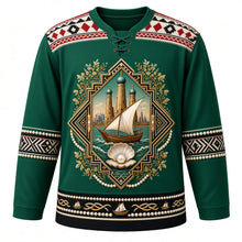 Load image into Gallery viewer, Kuwait Original Hockey Jersey in Gulf Green, front view – ornate pearling dhow and Kuwait Towers crest and Al Sadu weave yoke with finely detailed artwork, custom name and number
