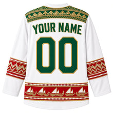 Load image into Gallery viewer, Kuwait Original Hockey Jersey in Pearl White, back view with your name and number – detailed Al Sadu weave yoke and matching ornate bands