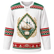 Load image into Gallery viewer, Kuwait Original Hockey Jersey in Pearl White, front view – ornate pearling dhow and Kuwait Towers crest and Al Sadu weave yoke with finely detailed artwork, custom name and number