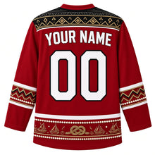 Load image into Gallery viewer, Kuwait Original Hockey Jersey in Sadu Red, back view with your name and number – detailed Al Sadu weave yoke and matching ornate bands
