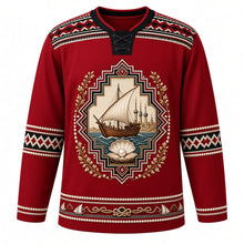 Load image into Gallery viewer, Kuwait Original Hockey Jersey in Sadu Red, front view – ornate pearling dhow and Kuwait Towers crest and Al Sadu weave yoke with finely detailed artwork, custom name and number