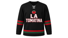 Load image into Gallery viewer, La Tomatina Original Hockey Jersey in Black, front view – custom name and number