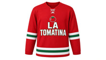 Load image into Gallery viewer, La Tomatina Original Hockey Jersey in Red, front view – custom name and number