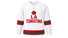 Load image into Gallery viewer, La Tomatina Original Hockey Jersey in White, front view – custom name and number
