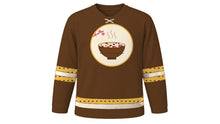 Load image into Gallery viewer, Laba Festival Original Hockey Jersey in Cocoa Brown, front view – steaming Laba congee bowl crest – custom name and number