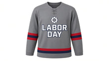 Load image into Gallery viewer, Labor Day Original Hockey Jersey in Gray, front view – custom name and number