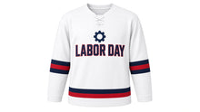 Load image into Gallery viewer, Labor Day Original Hockey Jersey in White, front view – custom name and number