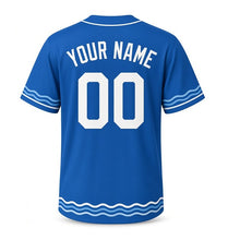 Load image into Gallery viewer, Lake Ferry Crossing Milwaukee Baseball Jersey in Lake Blue, back view with your name and number – custom block name and number with wave-stripe sleeves