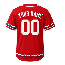 Load image into Gallery viewer, Lake Ferry Crossing Milwaukee Baseball Jersey in Signal Red, back view with your name and number – custom block name and number with wave-stripe sleeves