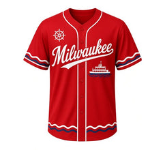 Load image into Gallery viewer, Lake Ferry Crossing Milwaukee Baseball Jersey in Signal Red, front view – passenger ferry on lake waves graphic with ship-wheel crest, custom name and number