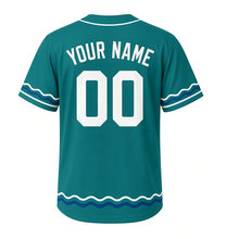 Load image into Gallery viewer, Lake Ferry Crossing Milwaukee Baseball Jersey in Open Water Teal, back view with your name and number – custom block name and number with wave-stripe sleeves