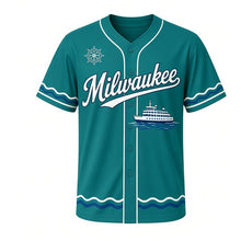 Load image into Gallery viewer, Lake Ferry Crossing Milwaukee Baseball Jersey in Open Water Teal, front view – passenger ferry on lake waves graphic with ship-wheel crest, custom name and number