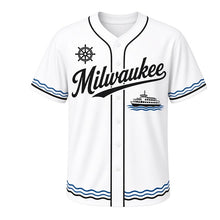 Load image into Gallery viewer, Lake Ferry Crossing Milwaukee Baseball Jersey in Deck White, front view – passenger ferry on lake waves graphic with ship-wheel crest, custom name and number
