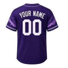 Load image into Gallery viewer, Lake Michigan Storm Milwaukee Baseball Jersey in Thunderhead Purple, back view with your name and number – custom name and number with wave-pattern sleeves