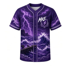 Load image into Gallery viewer, Lake Michigan Storm Milwaukee Baseball Jersey in Thunderhead Purple, front view – storm waves crashing on the breakwater with lightning art, custom name and number