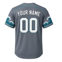 Load image into Gallery viewer, Lake Michigan Storm Milwaukee Baseball Jersey in Storm Slate, back view with your name and number – custom name and number with wave-pattern sleeves