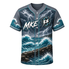 Load image into Gallery viewer, Lake Michigan Storm Milwaukee Baseball Jersey in Storm Slate, front view – storm waves crashing on the breakwater with lightning art, custom name and number