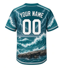 Load image into Gallery viewer, Lake Michigan Storm Milwaukee Baseball Jersey in Deep Water Teal, back view with your name and number – custom name and number with wave-pattern sleeves