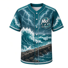 Load image into Gallery viewer, Lake Michigan Storm Milwaukee Baseball Jersey in Deep Water Teal, front view – storm waves crashing on the breakwater with lightning art, custom name and number