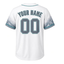 Load image into Gallery viewer, Lake Michigan Storm Milwaukee Baseball Jersey in Whitecap White, back view with your name and number – custom name and number with wave-pattern sleeves