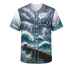 Load image into Gallery viewer, Lake Michigan Storm Milwaukee Baseball Jersey in Whitecap White, front view – storm waves crashing on the breakwater with lightning art, custom name and number