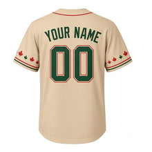 Load image into Gallery viewer, Lake Park Pavilion Milwaukee Baseball Jersey in Bluff Stone Tan, back view with your name and number – falling-leaf stripe sleeves