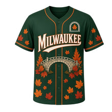 Load image into Gallery viewer, Lake Park Pavilion Milwaukee Baseball Jersey in Ravine Forest Green, front view – stone footbridge and maple leaf graphic with oak-leaf crest, custom name and number